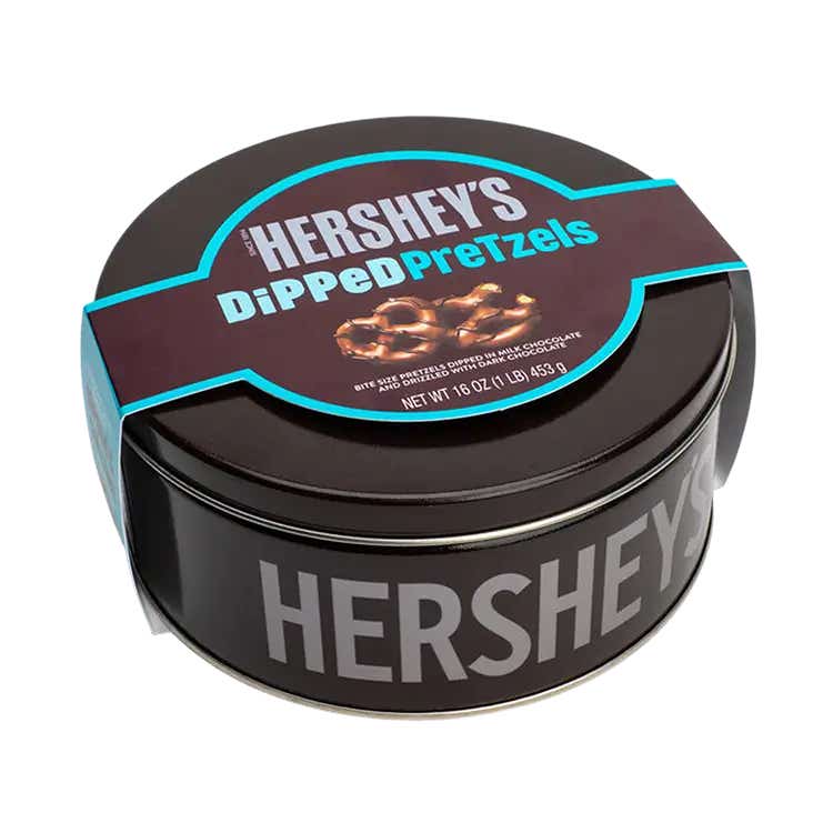 HERSHEY'S Milk Chocolate Dipped Pretzels, 16 oz candy tin - Front of Package