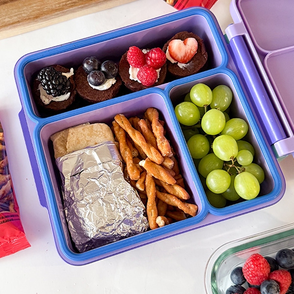 bento lunch box with DOT'S Pretzels, fruit and brownies