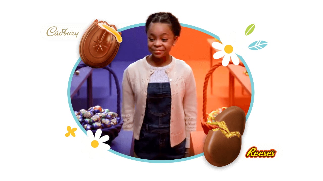 little girl deciding between reeses and cadbury eggs