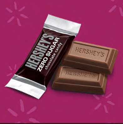 hersheys zero sugar candy with patterned pink background