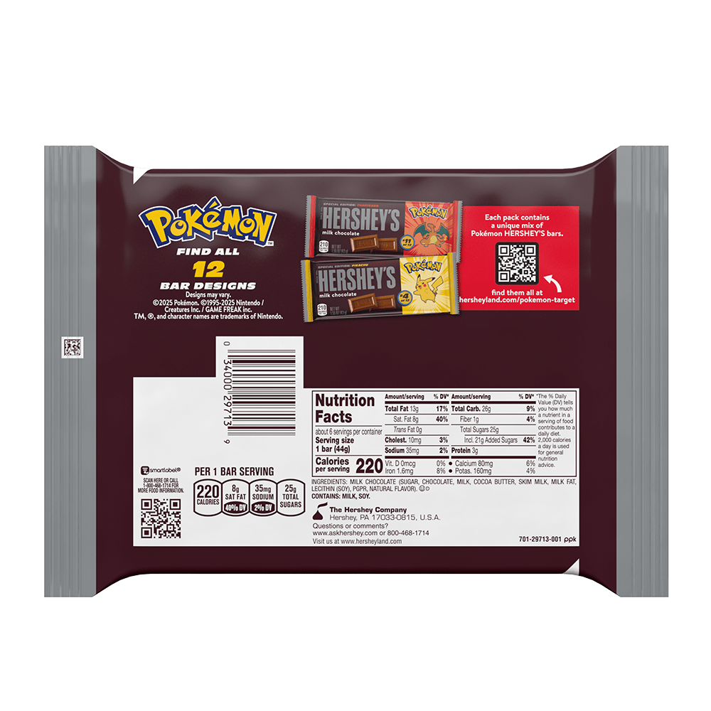 HERSHEY'S Milk Chocolate Pokémon Special Edition Candy Bars, 1.55 oz, 6 pack - Back of Package