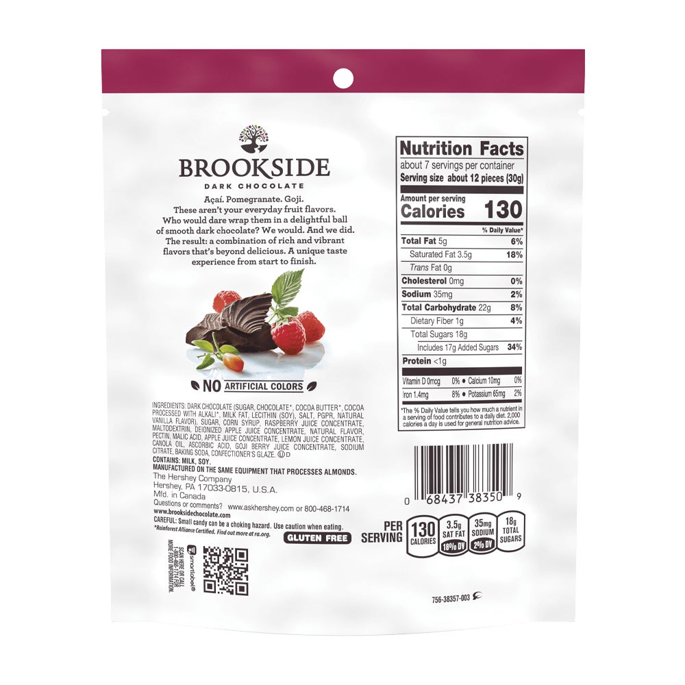 BROOKSIDE Dark Chocolate Goji and Raspberry Flavors Candy, 7 oz bag - Back of Package