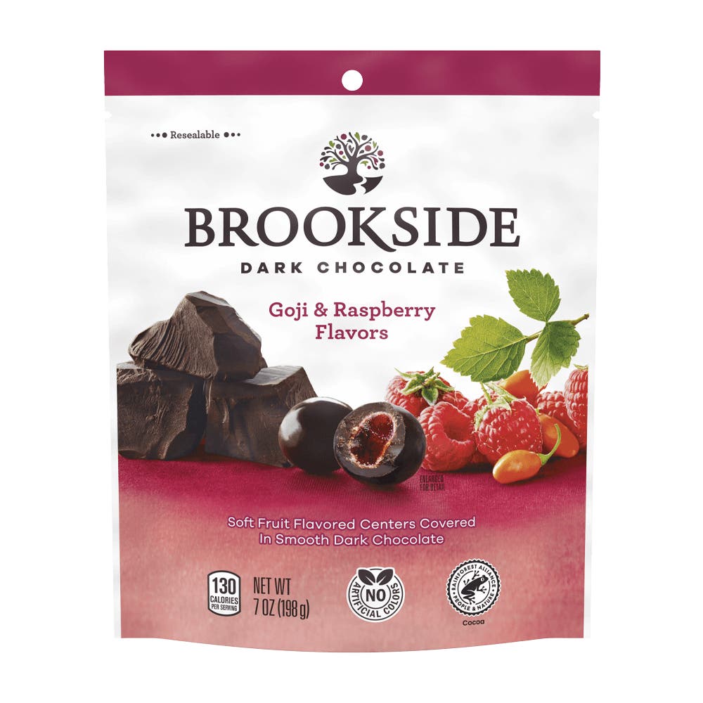 BROOKSIDE Dark Chocolate Goji and Raspberry Flavors Candy, 7 oz bag - Front of Package