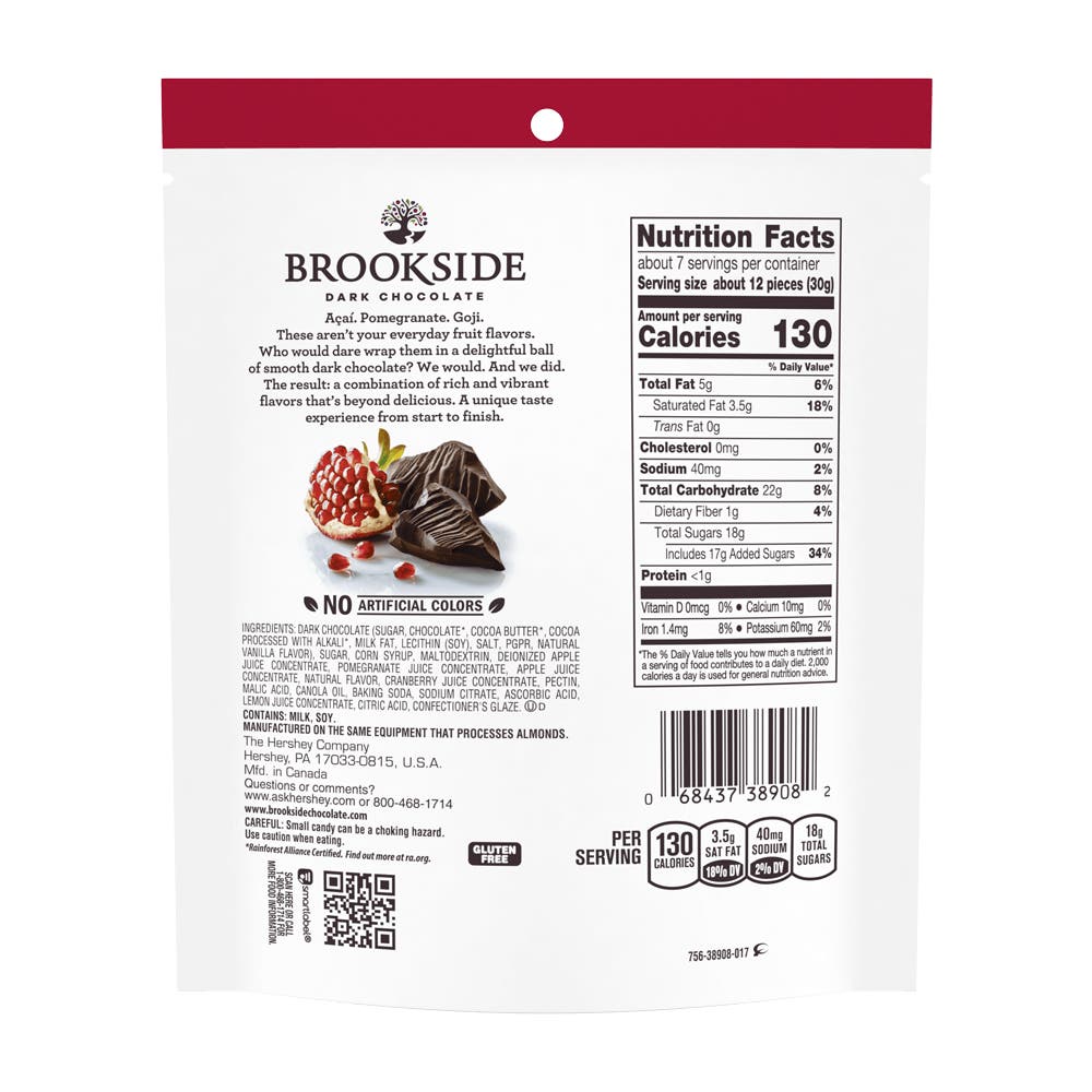 BROOKSIDE Dark Chocolate Pomegranate Flavor Candy, 7 oz bag - Back of Package