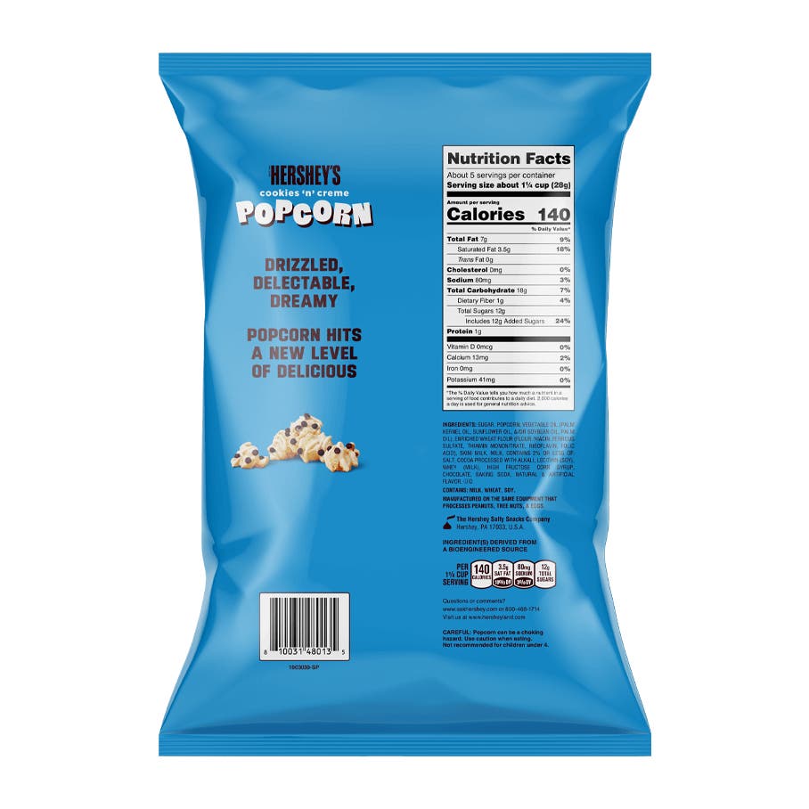 HERSHEY'S Cookies 'N' Creme Popcorn, 5.25 oz bag - Back of Package