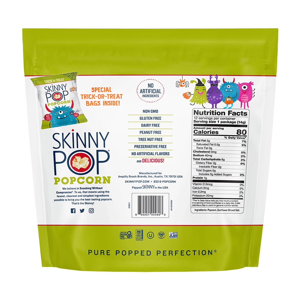 SKINNYPOP Halloween Original Popped Popcorn, 0.5 oz bag, 12 count - Back of Package