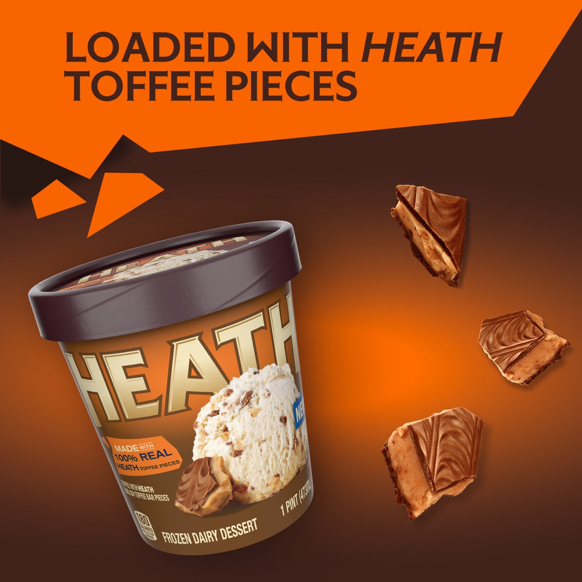 HEATH Milk Chocolate English Toffee Frozen Dairy Dessert, 16 oz pint - Front of Package