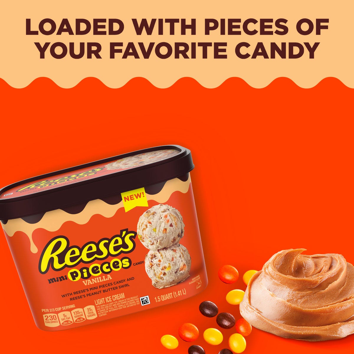 REESE'S PIECES Mini Vanilla Peanut Butter Light Ice Cream, 48 oz tub - Front of Package