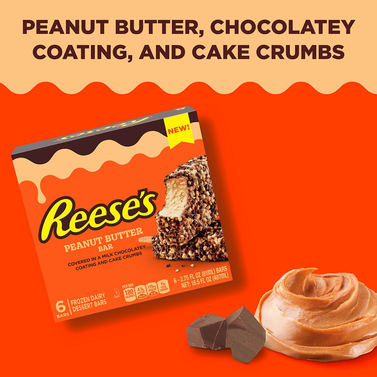 REESE'S Peanut Butter Frozen Dairy Dessert Bar, 2.75 oz, 6 count box - Front of Package