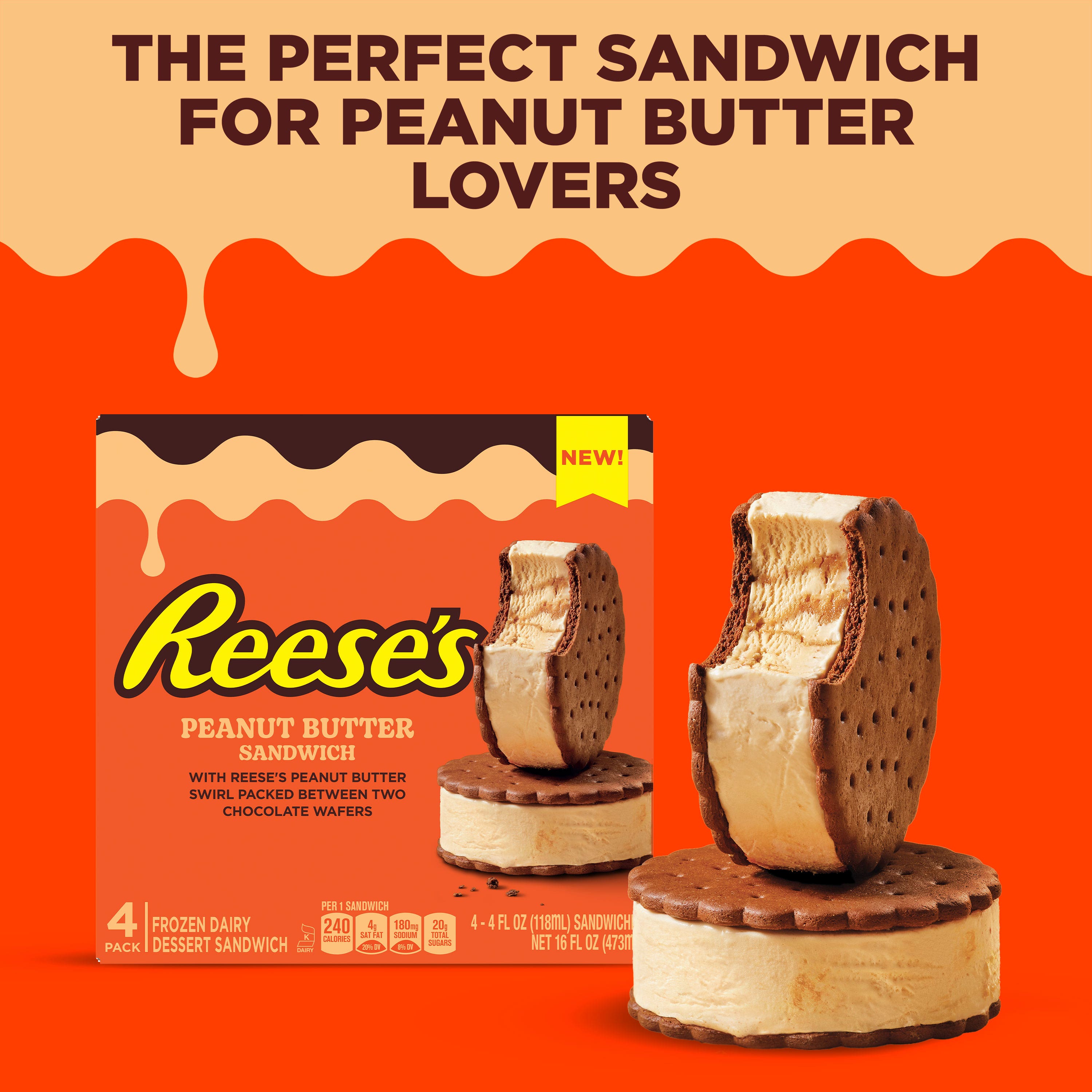 REESE'S Chocolate Peanut Butter Frozen Dairy Dessert Sandwiches, 4 oz, 4 count box - Front of Package
