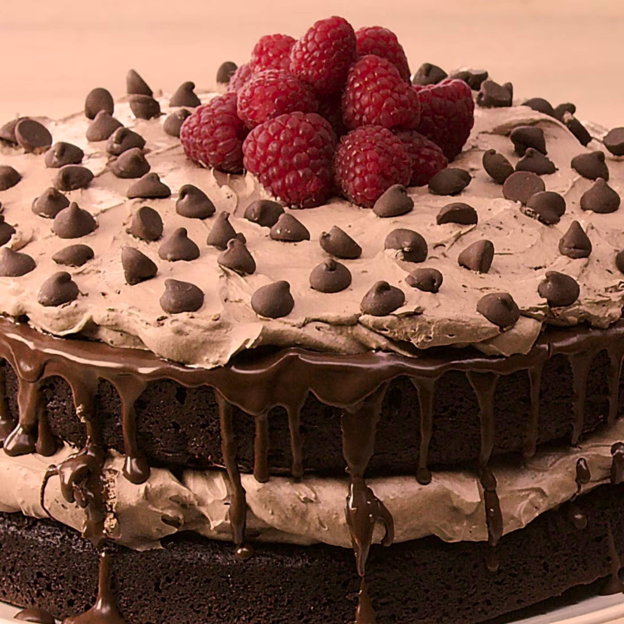 iced brownie cake topped with chocolatre chips and raspberries
