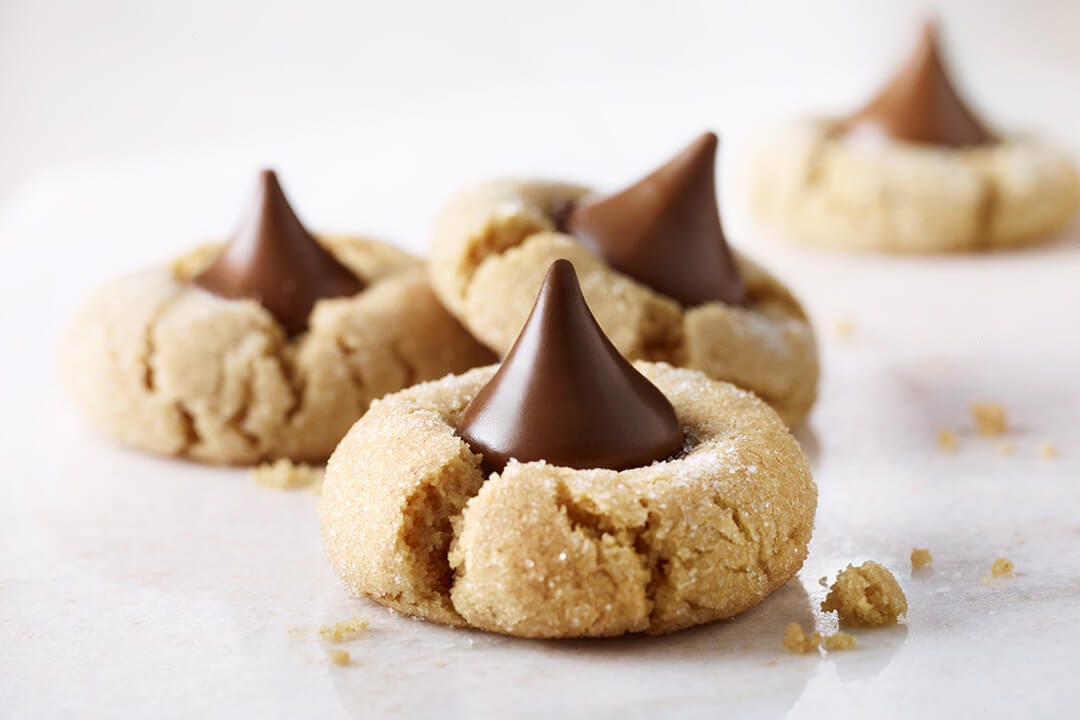 hersheys peanut butter blossoms on kitchen countertop