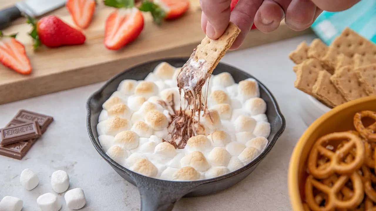person dipping graham cracker into smores skillet dip