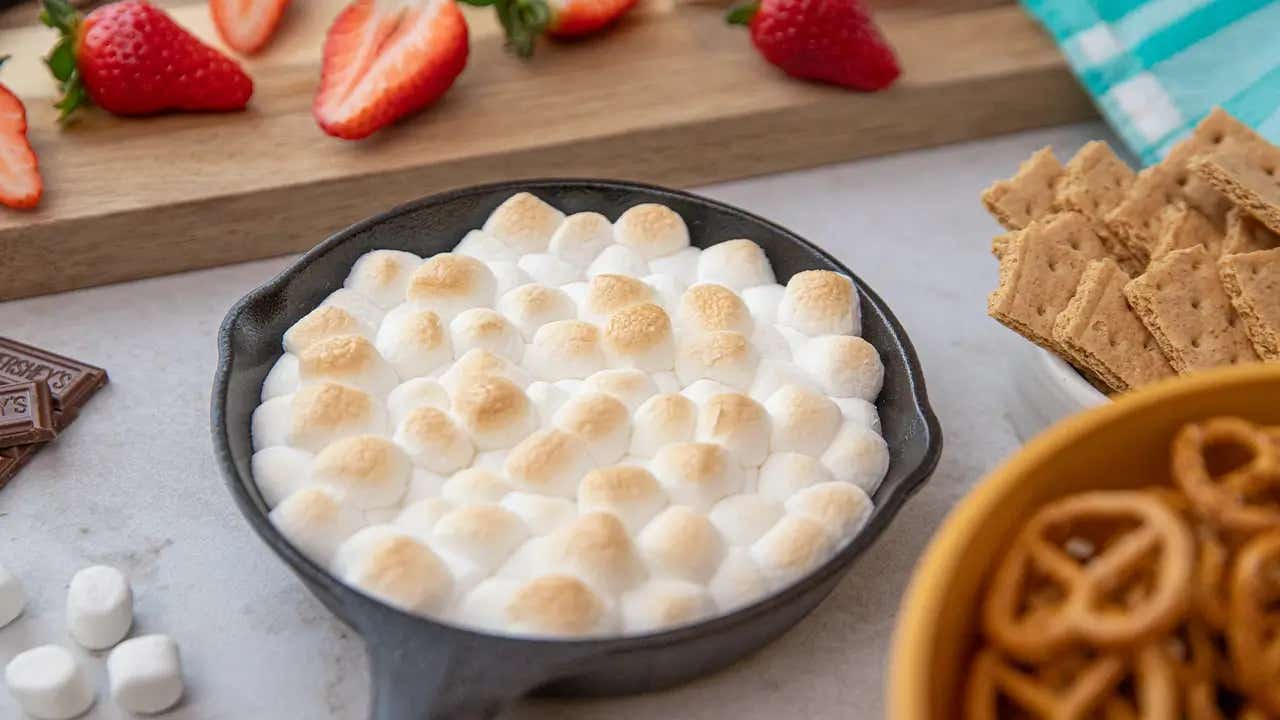 smores skillet dip ready to serve