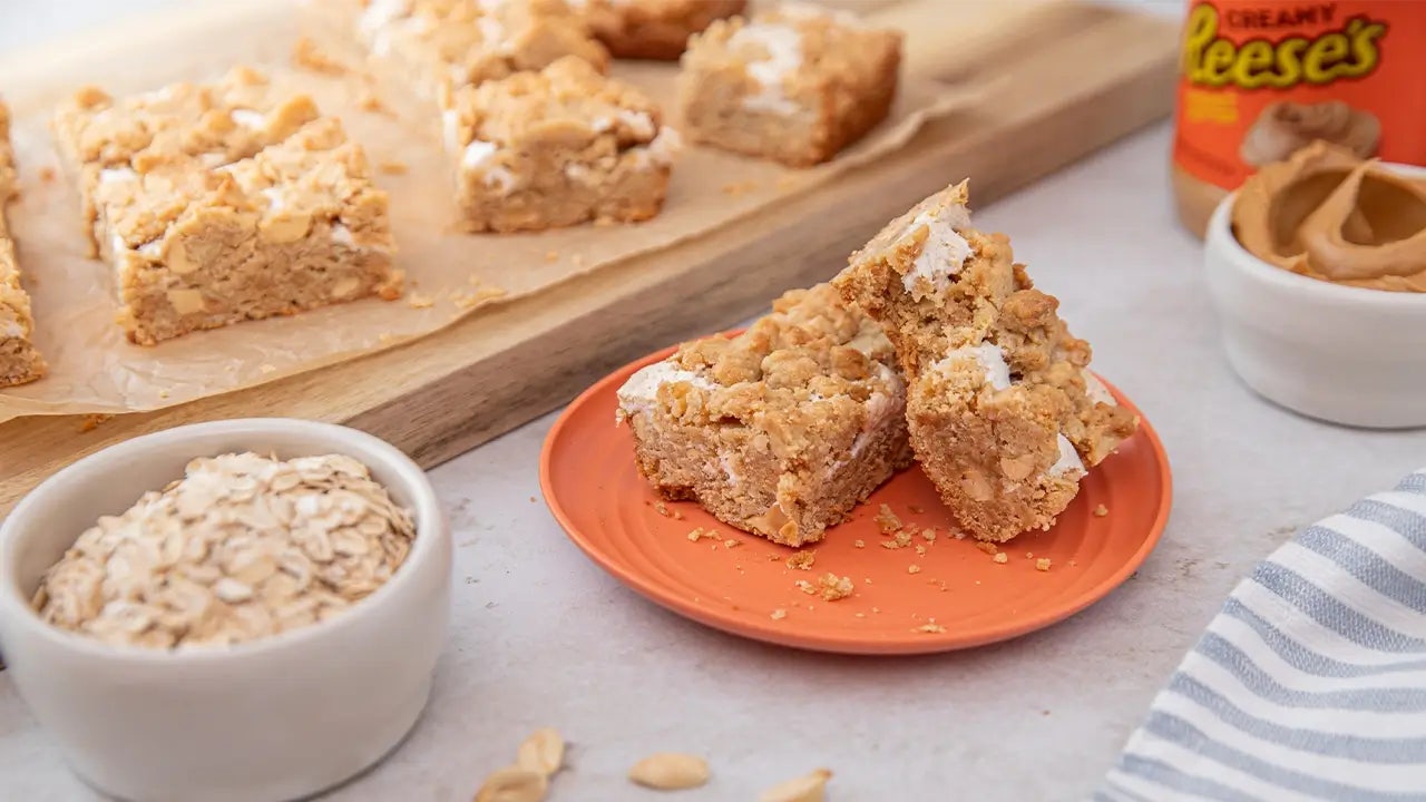 freshly baked reeses peanut butter marshmallow bars