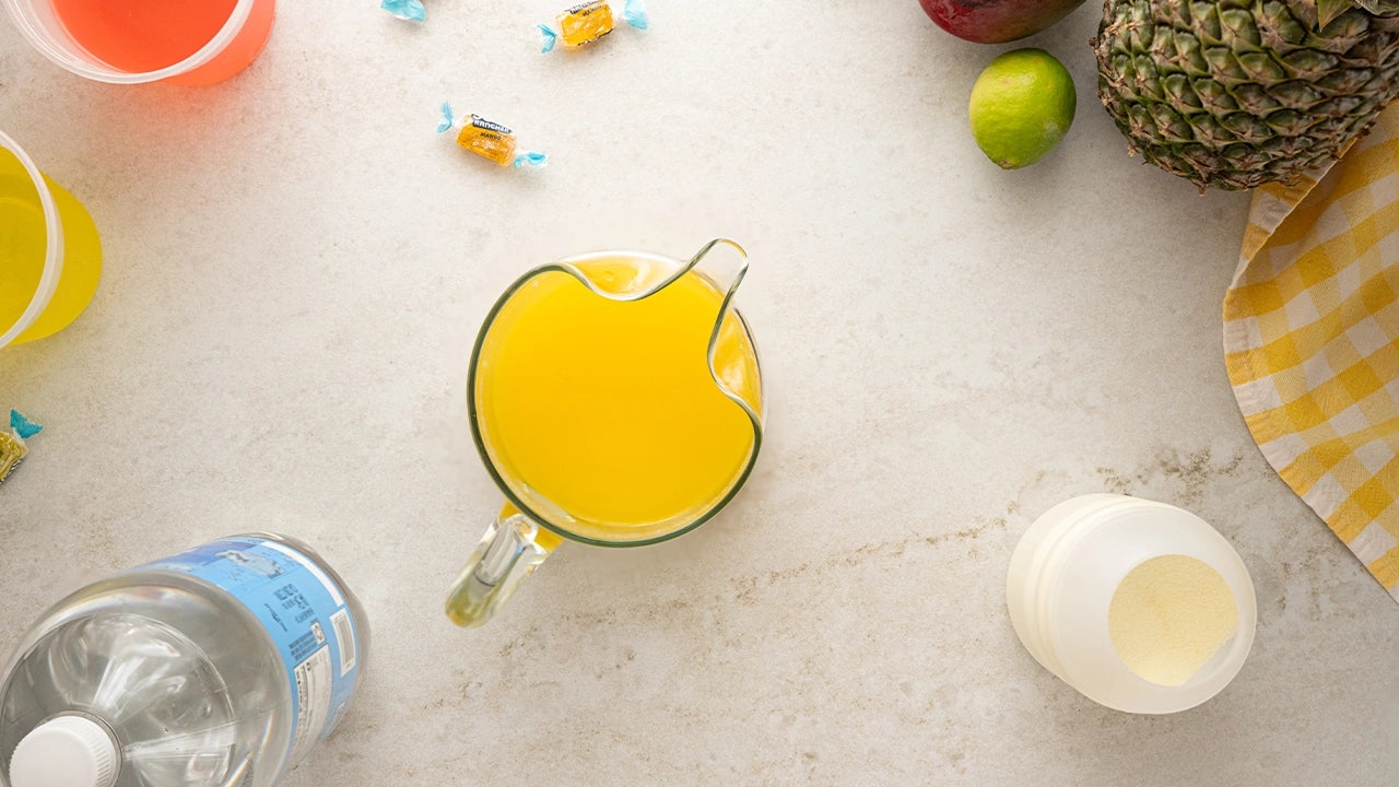 pitcher of fully mixed seltzer water and lemon powder