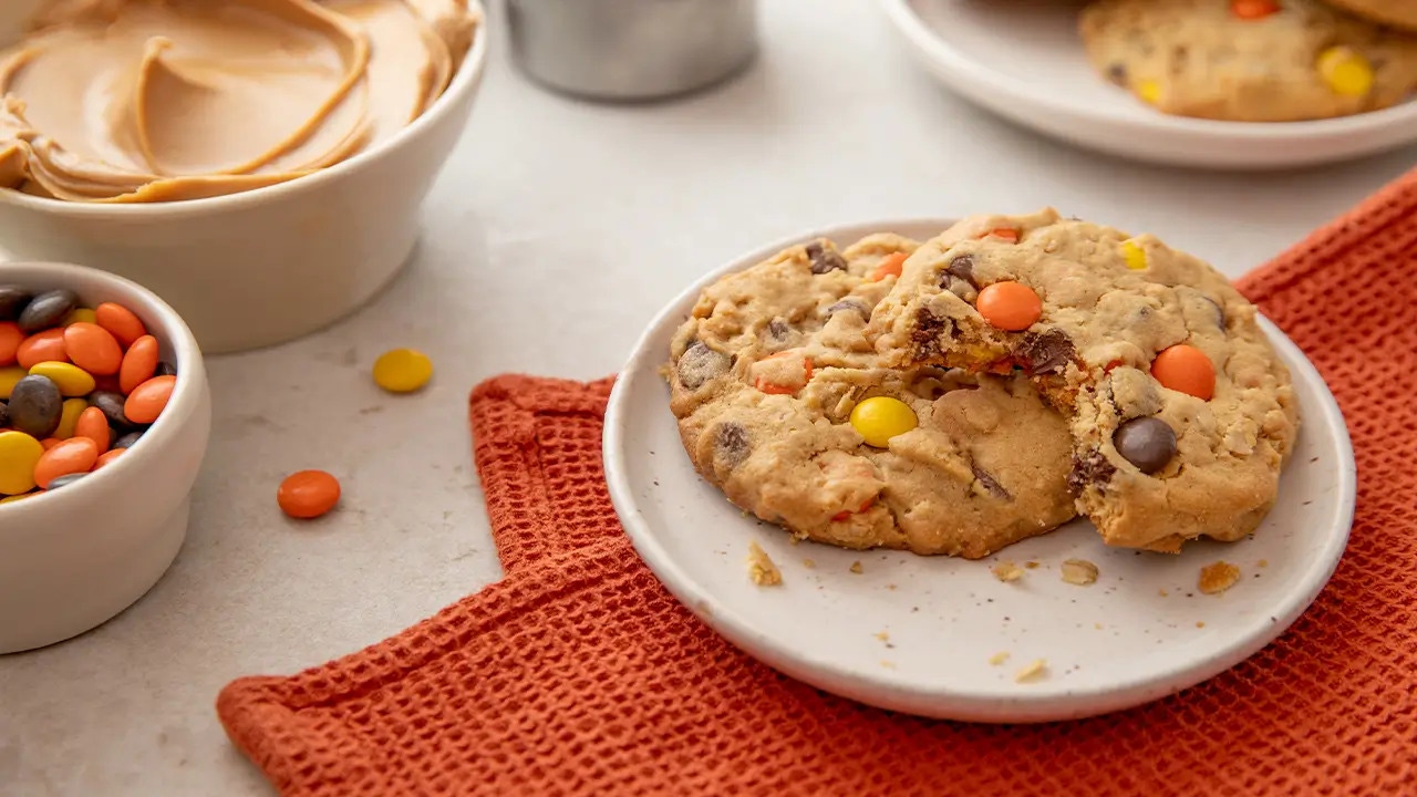 plate of reeses pieces monster cookies