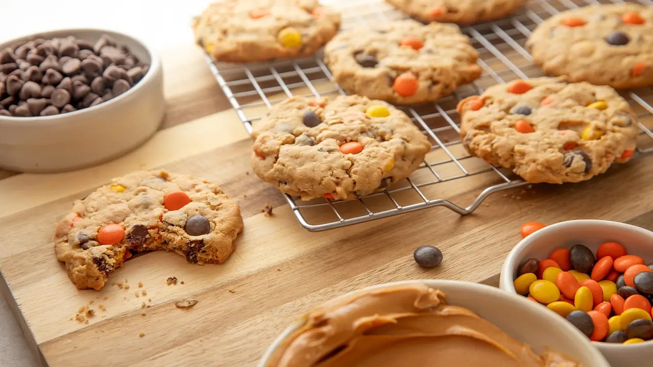freshly baked reeses pieces monster cookies