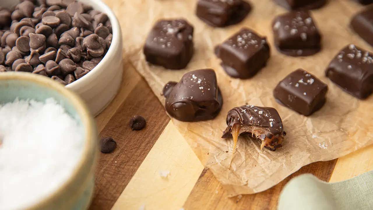 dark chocolate salted caramels with a bite mark