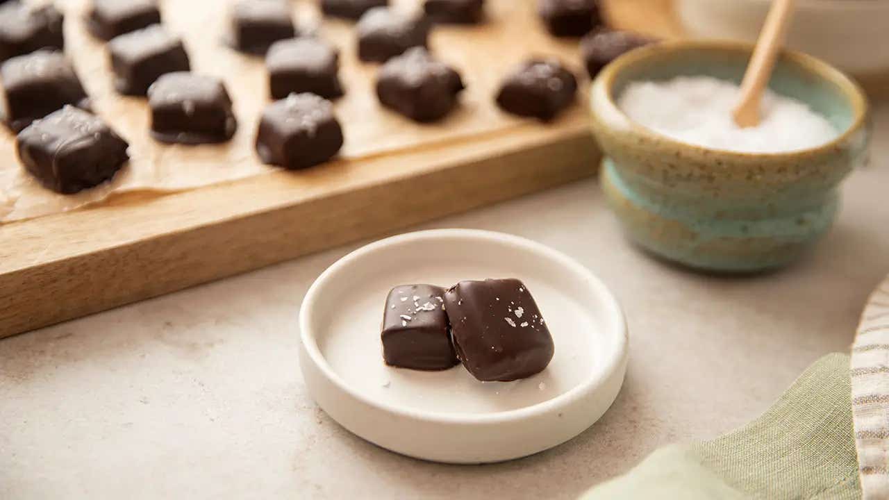 plated dark chocolate salted caramels