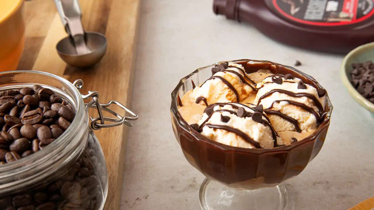 hersheys chocolate affogato sundae inside a glass dessert cup ready to serve
