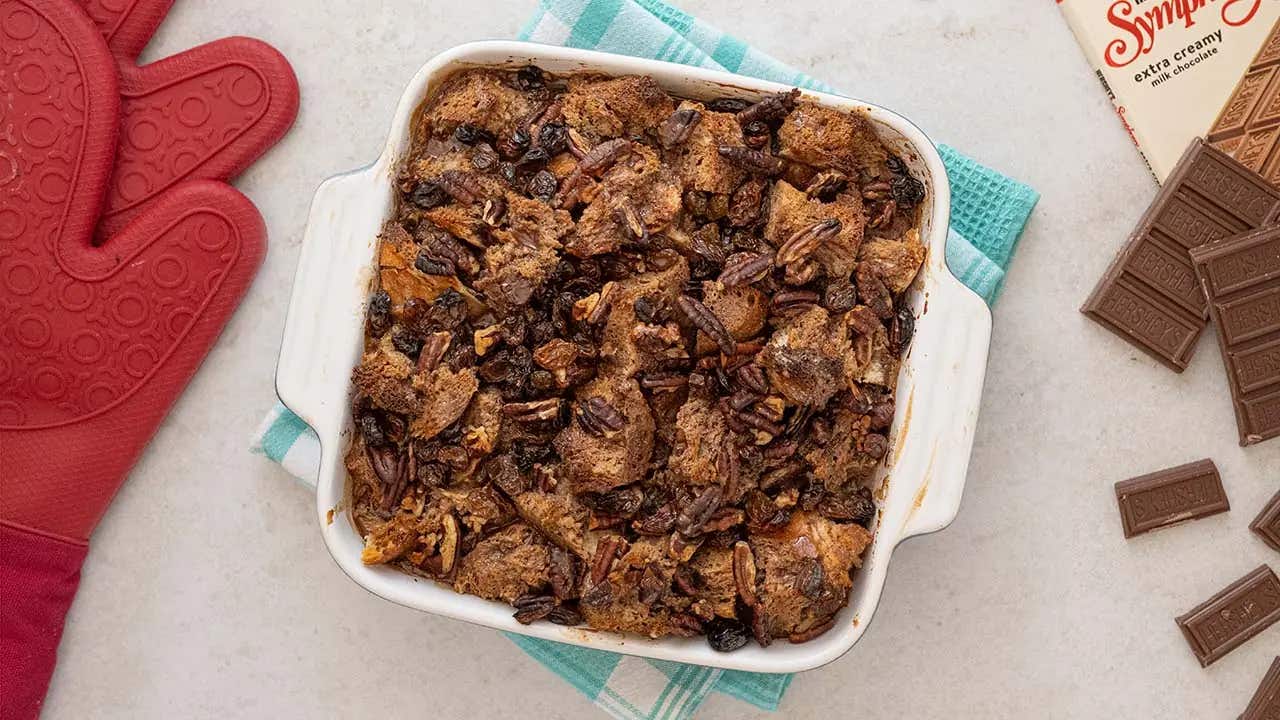 baked chocolate bread pudding in casserole dish