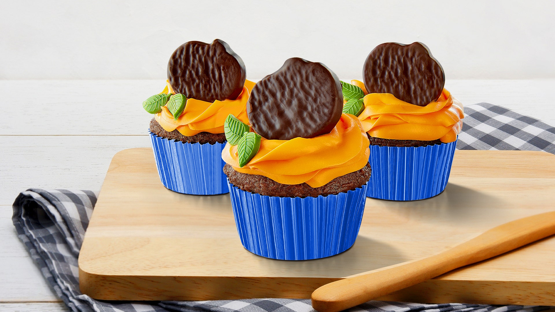 Chocolate Peppermint Pattie Cupcakes Topped with Peppermint Pattie Pumpkins