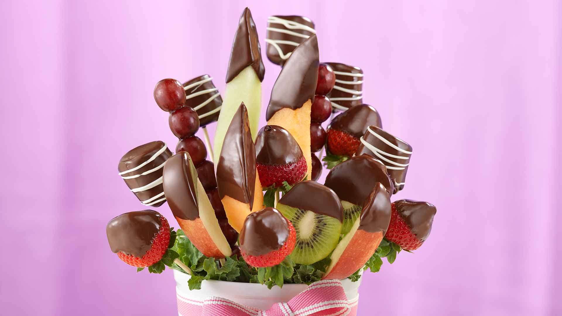 chocolate dipped fruit bouquet in whote vase