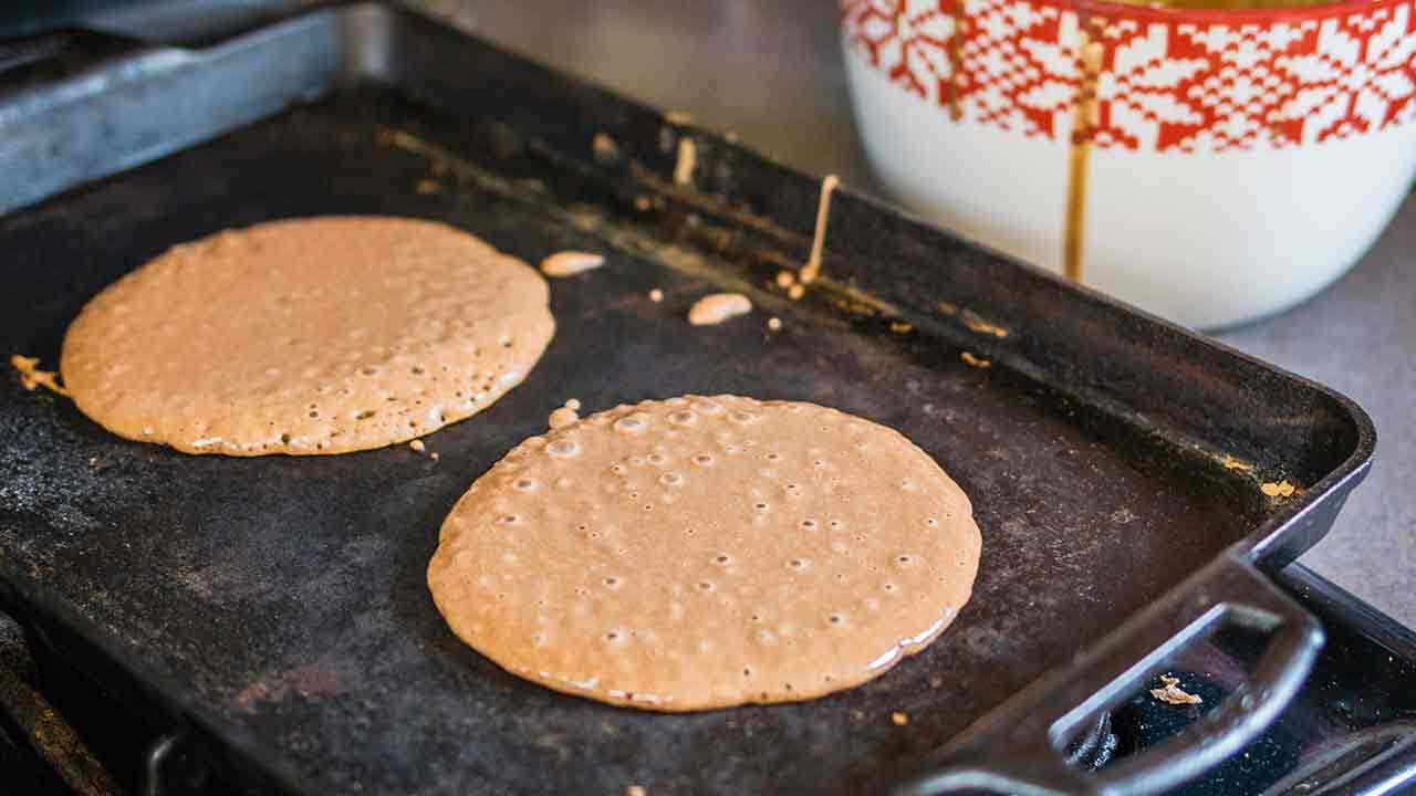 brownie pancakes on griddle