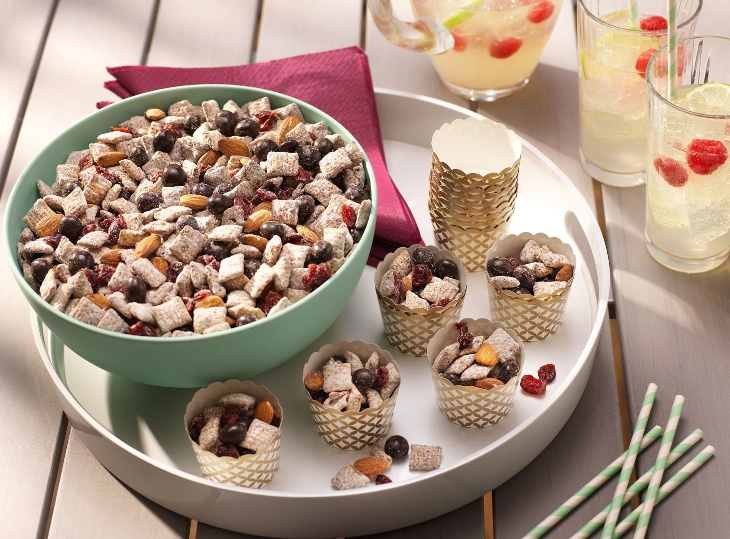 bowl of brookside party mix on a serving tray