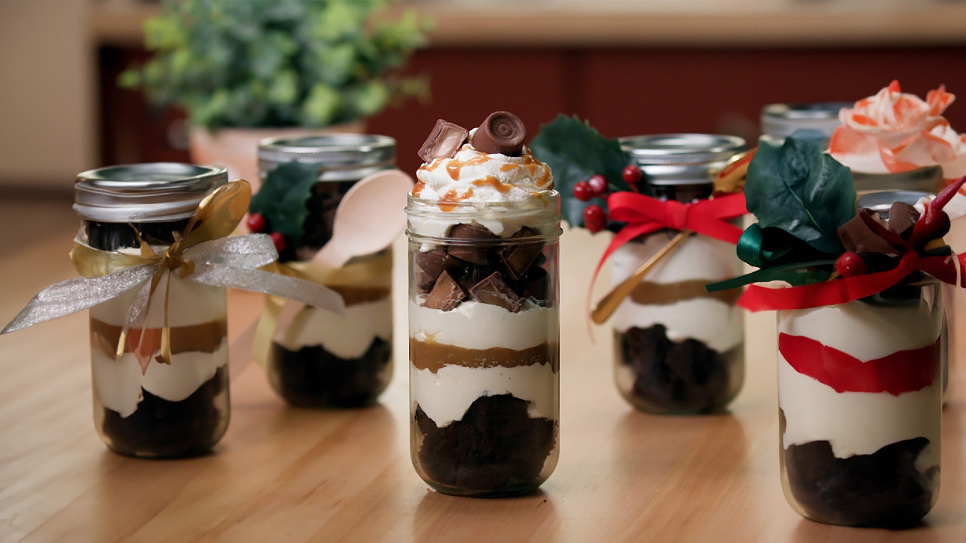 rolo trifle jars decorated for the holidays