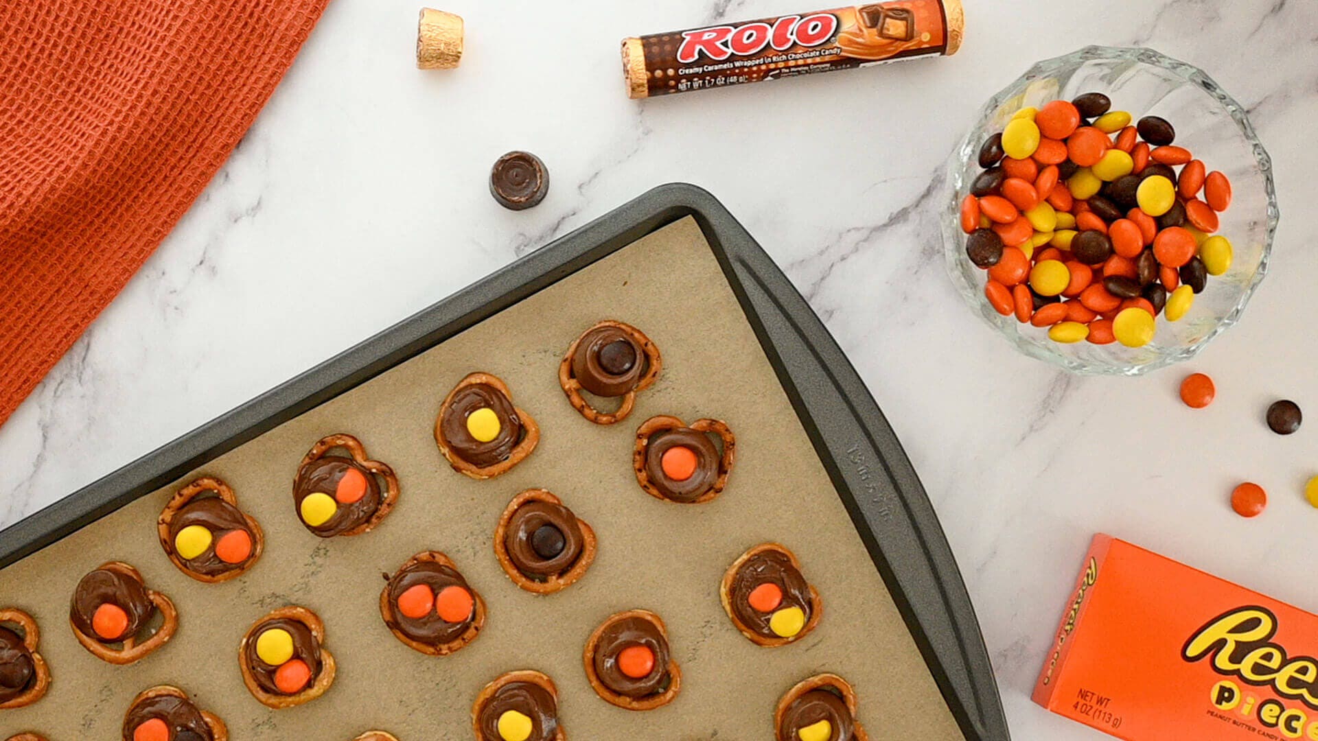 melted rolos topped with reeses pieces