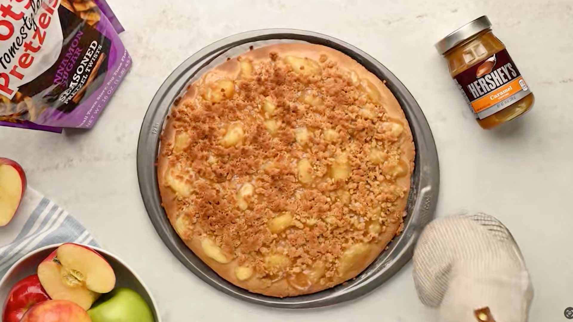 caramel apple dots pretzel crumble pizza step by step recipe video