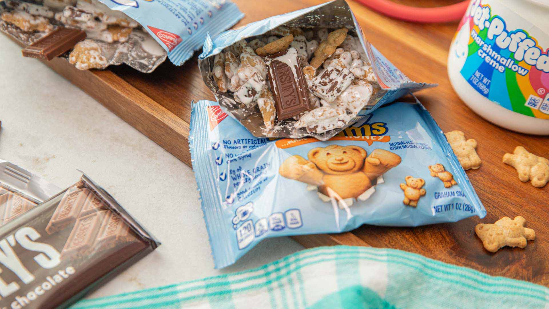 tray topped with several smores in a bag ready to enjoy
