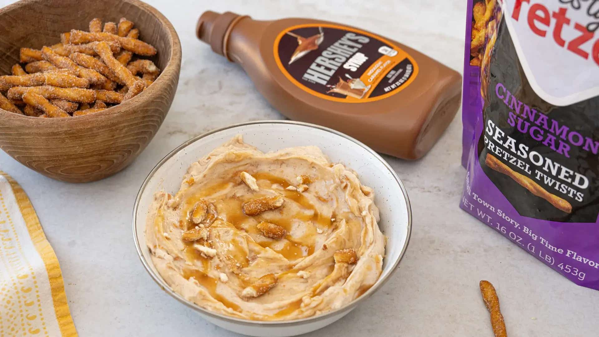 bowl of dots cinnamon caramel pretzel dip