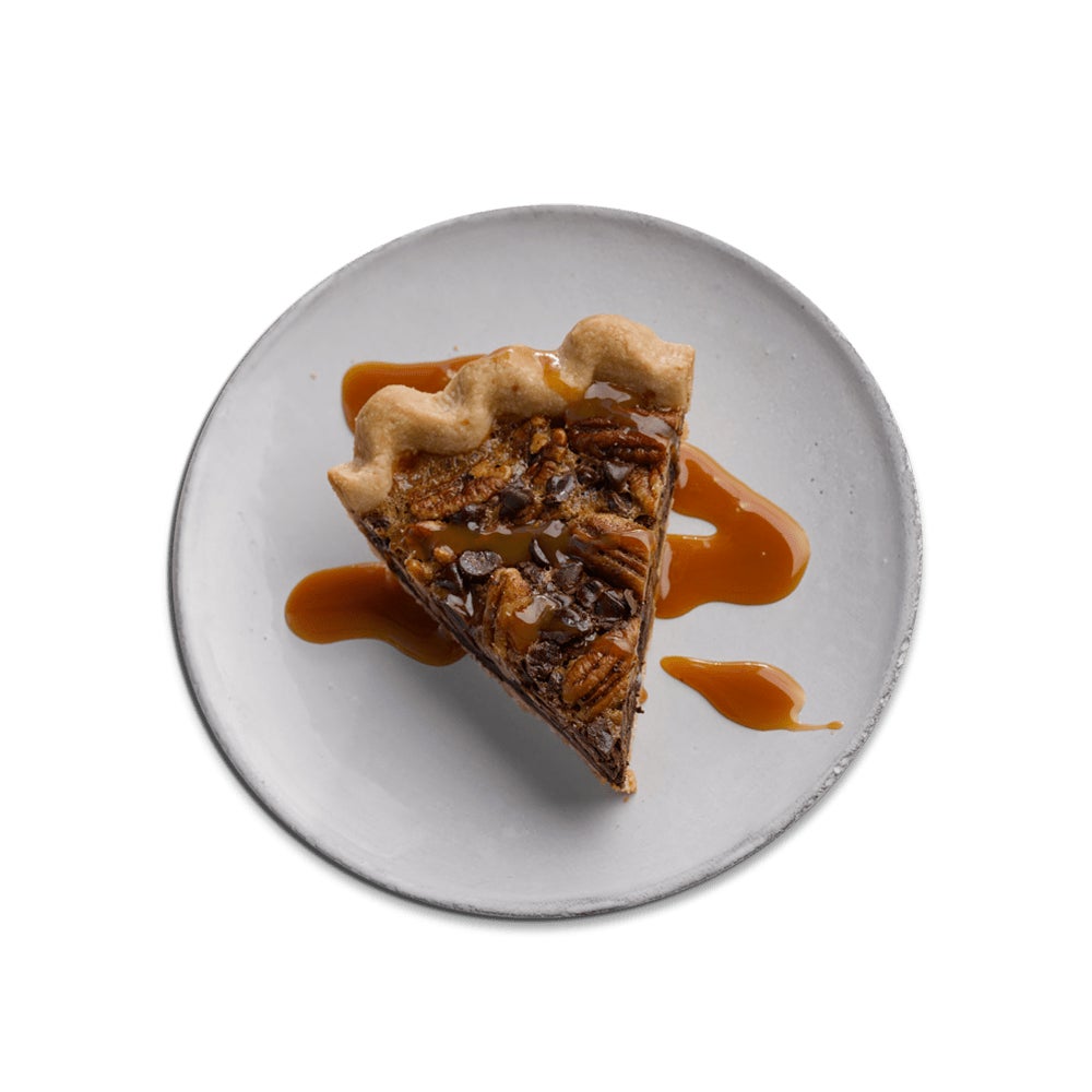 plated slice of pecan pie