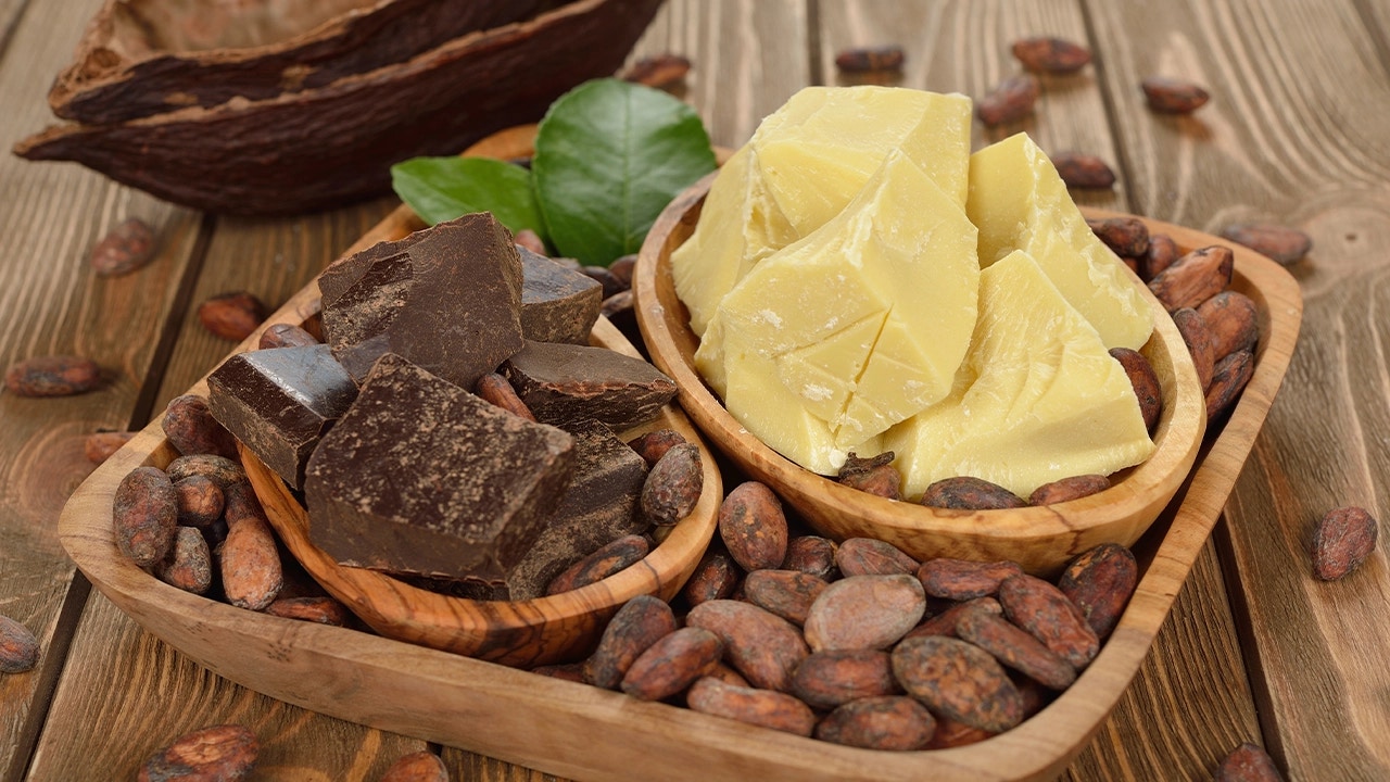 bowls of cocoa butter, cocoa beans and chocolate chunks