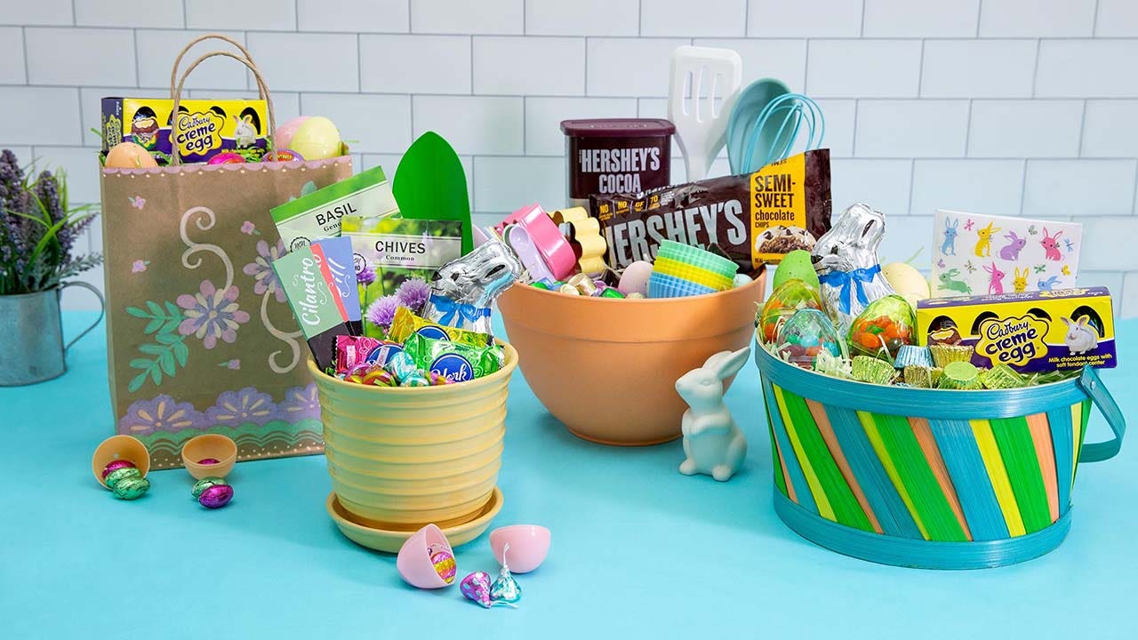 diy easter baskets filled with assorted hersheys candy