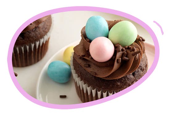 chocolate cupcakes with cadbury rainbow eggs as toppings
