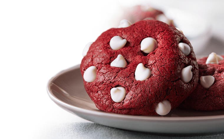 Red Velvet Cookies with Cream Cheese Chips on a white plate