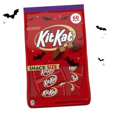 bag of snack size kit kats surrounded by bats