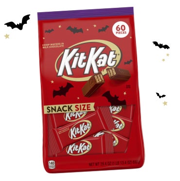 bag of snack size kit kats surrounded by bats