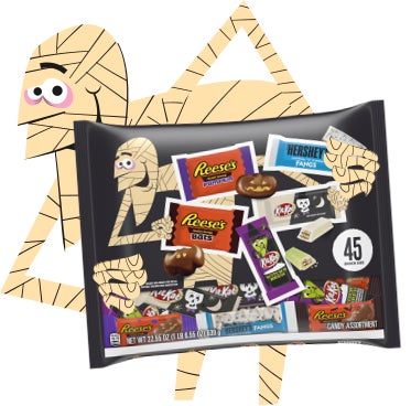 mummy holding bag of assorted hersheys halloween candies