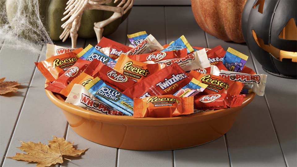 bowl of assorted hersheys candy on porch