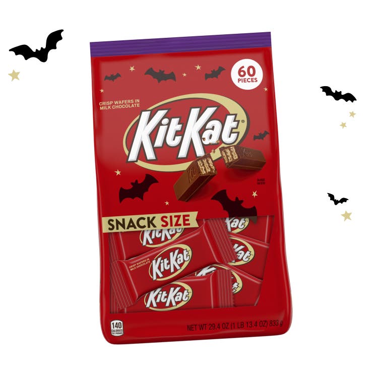 bag of snack size kit kats surrounded by bats
