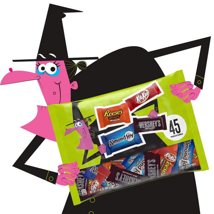 witch character holding a halloween candy assortment bag