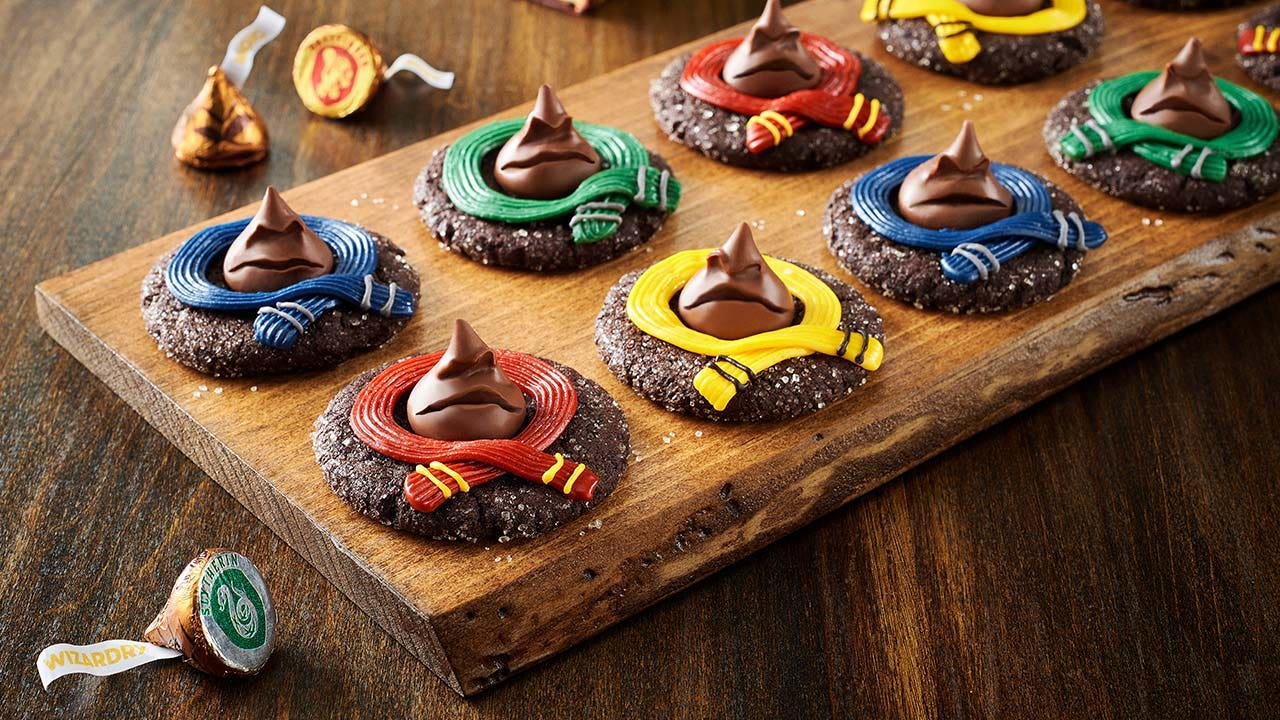tray of harry potter house themed sorting hat cookies