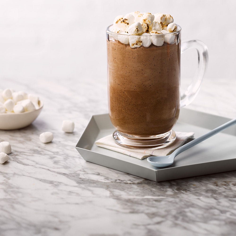mug of frozen hot cocoa topped with toasted mini marshmallows