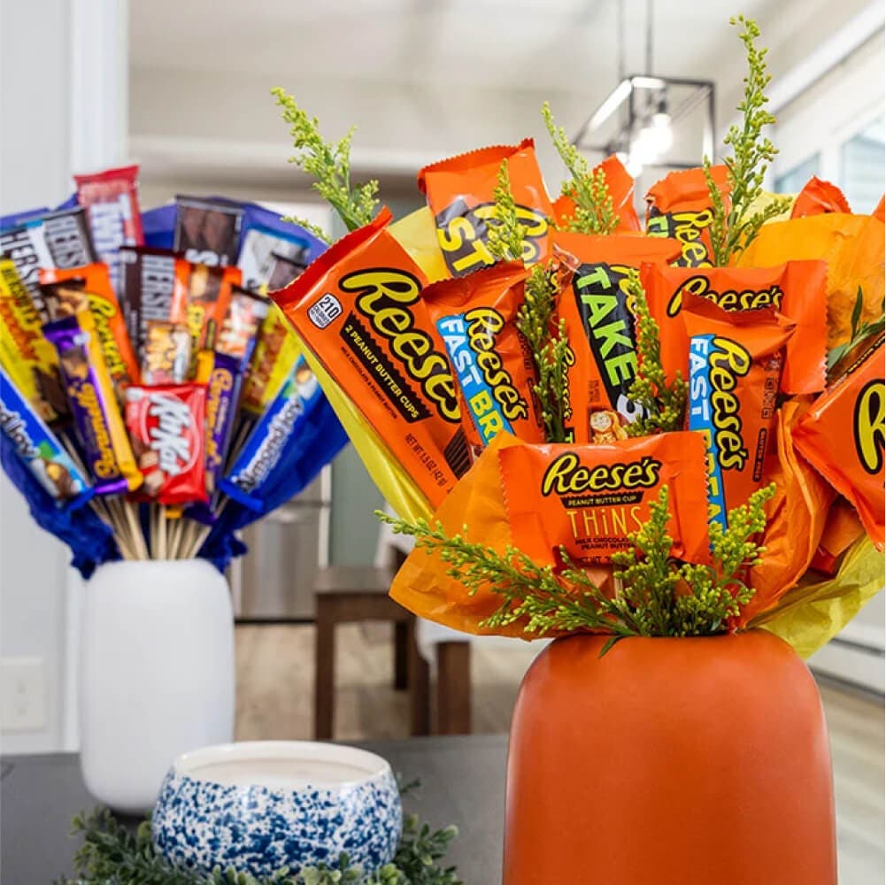 two candy bouquets on coffee table