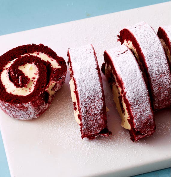 sliced red velvet cake roll